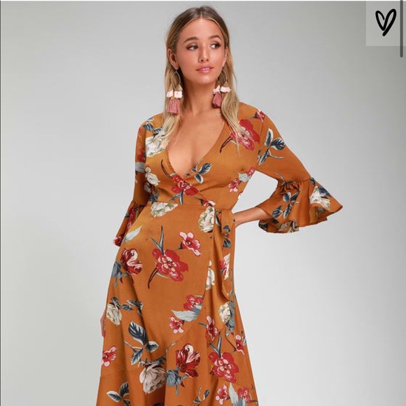 Lulus Dresses & Skirts - Lulu’s Mustard Yellow Floral Midi Wrap Dress NWOT